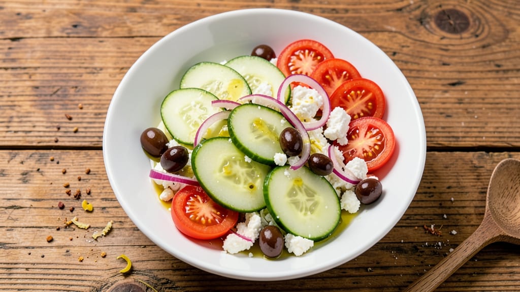 Athenian Salad Recipe: Crispy Cucumber Crown Over Tangy Feta Bliss