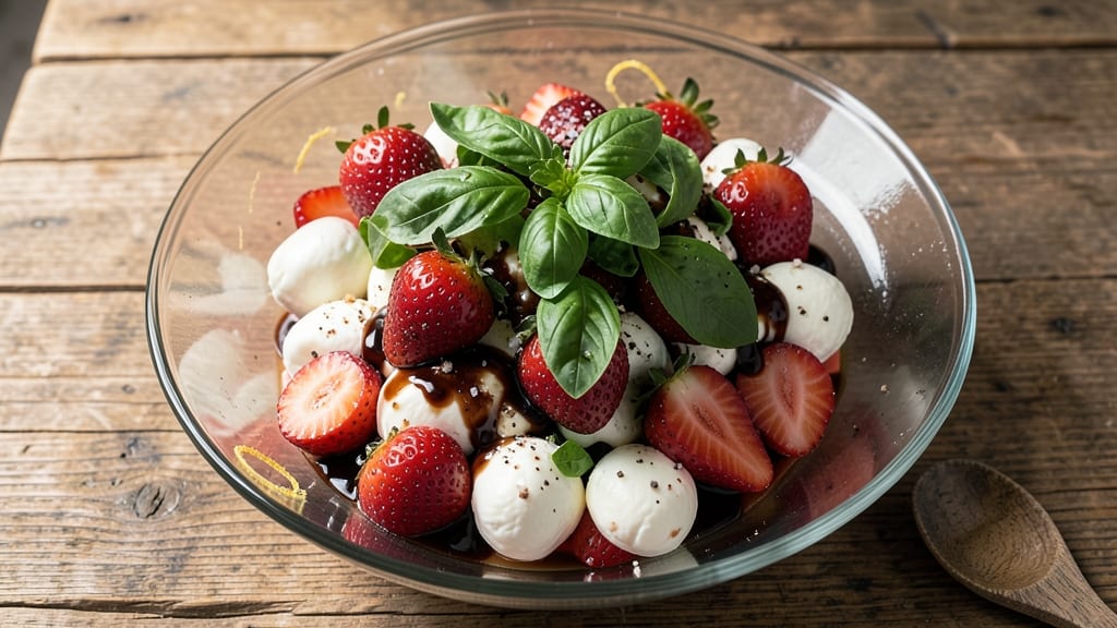 Balsamic Strawberry Caprese Salad Recipe: Bright Balsamic Glaze Over Juicy Tomatoes