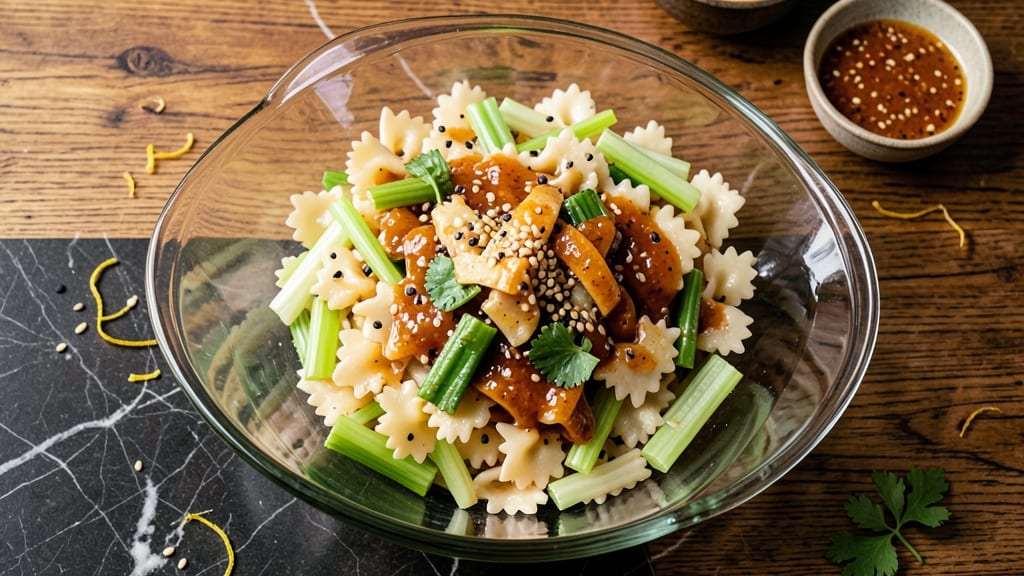 Asian Bowtie Pasta Salad Recipe: Crispy Celery Crown Over Creamy Sesame Dressing