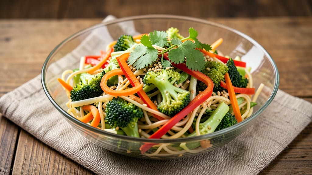 Asian Broccoli Slaw Salad Recipe: Crunchy Rice Noodles and Tangy Sesame Dressing