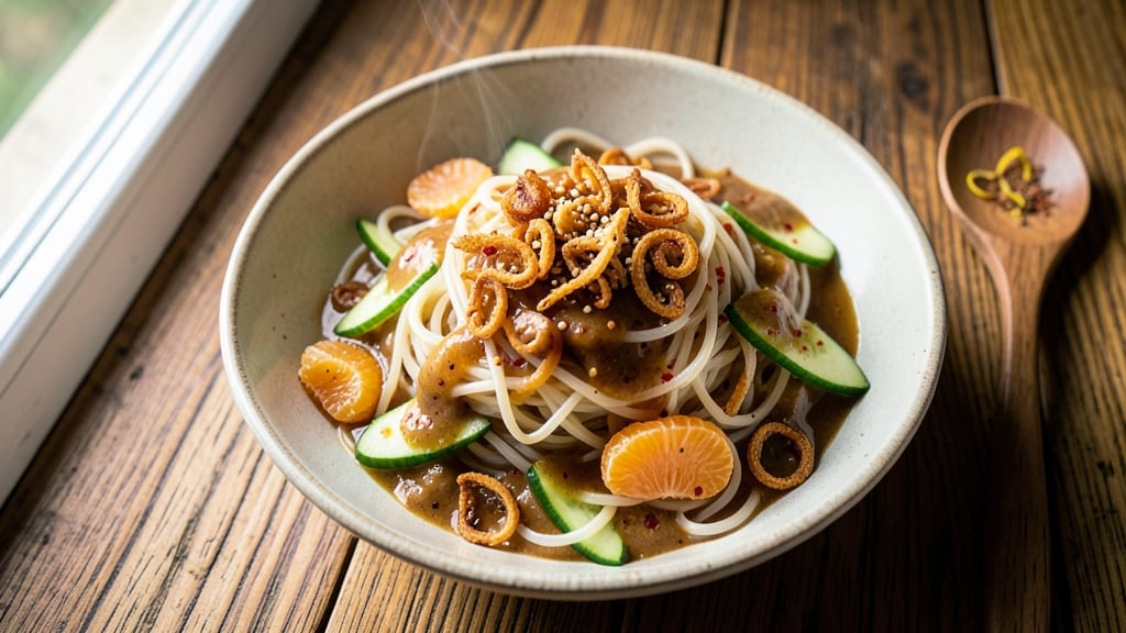 Asian Fusion Salad Recipe: Crunchy Rice Noodles With Spicy Peanut Dressing