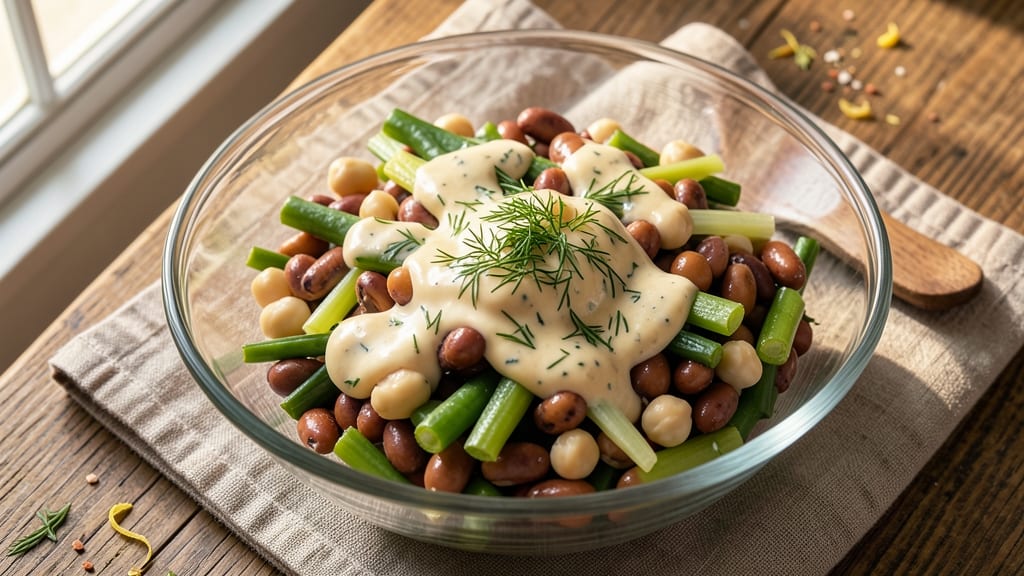 Betty Crocker's Three Bean Salad Recipe: Crunchy Celery Crown Over Creamy Herb Bliss