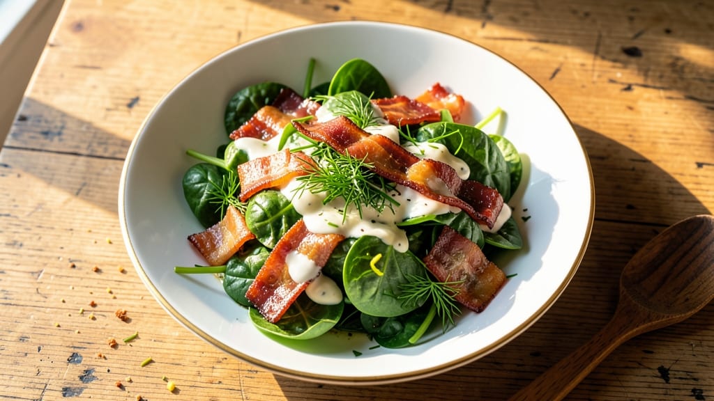 Buca Di Beppo Spinach Salad Recipe: Warm Bacon Bits and Creamy Herb Dressing